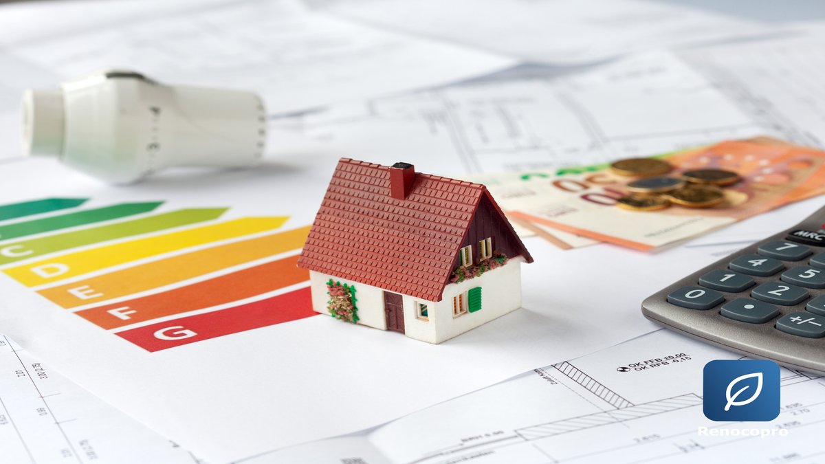 Tantièmes de copropriété et répartition des charges — étiquette DPE, maquette de logement, calculatrice et euros sur plans, Renocopro