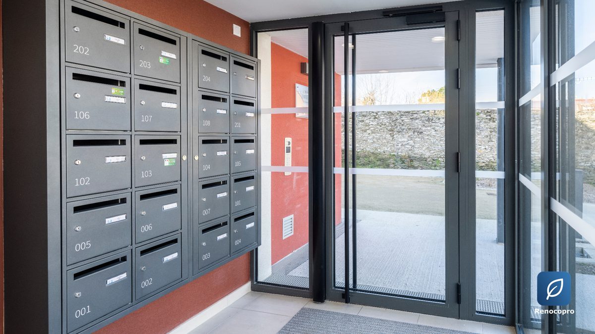 Parties communes d'une copropriété : hall d'entrée avec boîtes aux lettres collectives, Renocopro