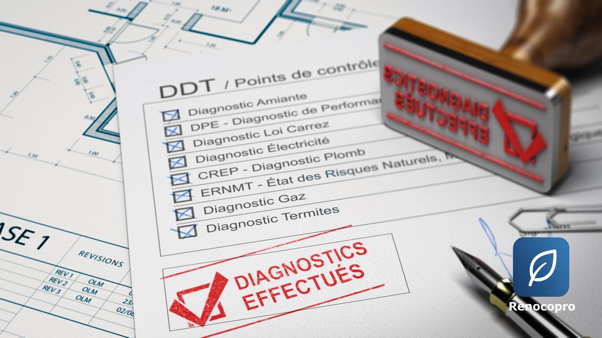 Choisir un diagnostiqueur certifié DPE en copropriété — documents de diagnostic immobilier et tampon officiel sur plan de logement, Renocopro