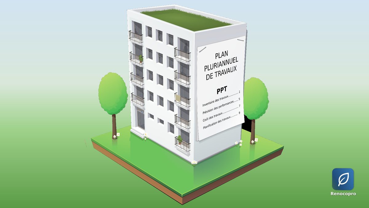 Plan Pluriannuel de Travaux (PPPT) en copropriété — illustration isométrique d'un immeuble avec son document PPT affiché, Renocopro