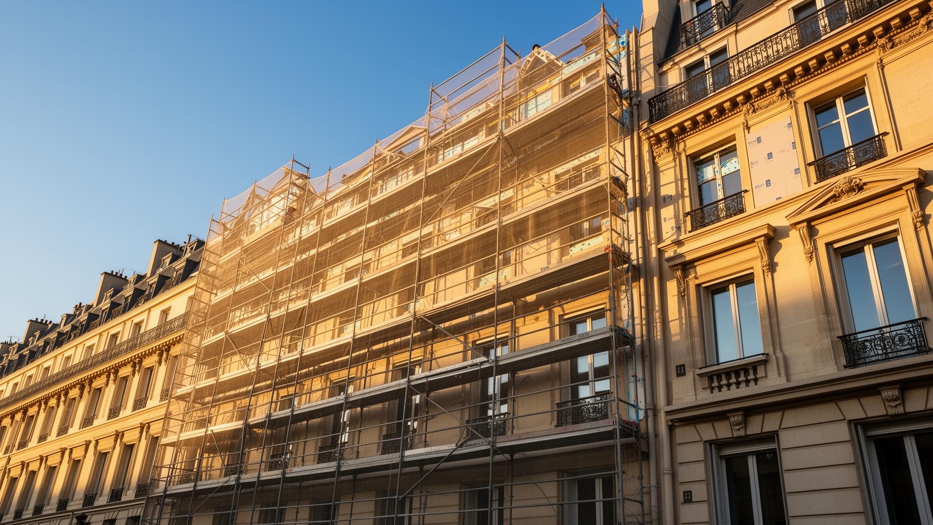 Immeuble en copropriété en cours de rénovation énergétique avec échafaudage et isolation thermique par l'extérieur
