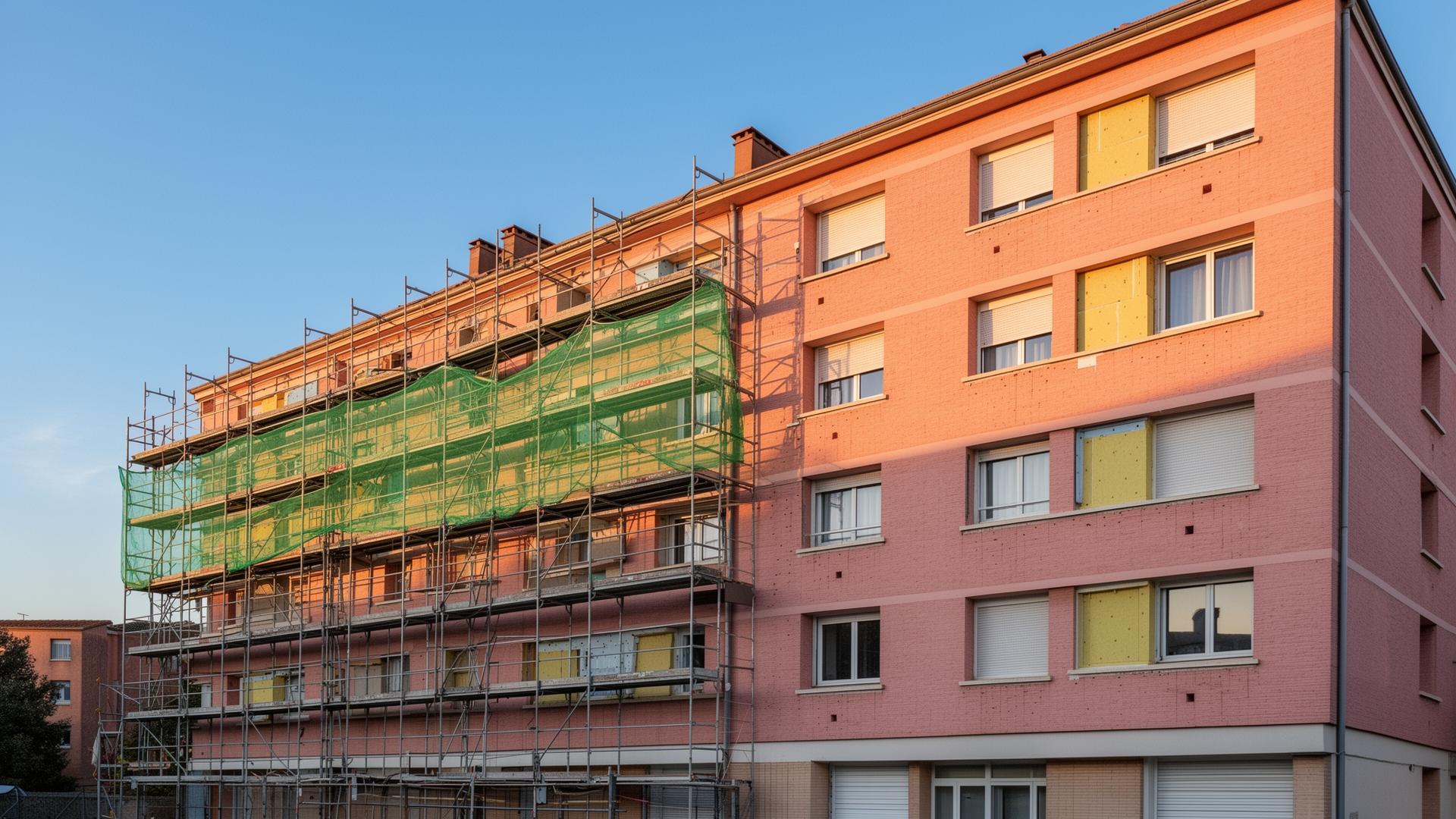 Immeuble en copropriété à Toulouse en cours de rénovation énergétique, façade brique avec échafaudage et panneaux d'isolation thermique par l'extérieur